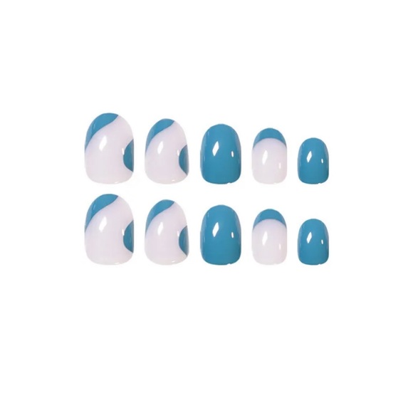 Long Full Cover Artificial Nail Tips Oval Blue Fake Nails With Design French - Picture 4 of 10